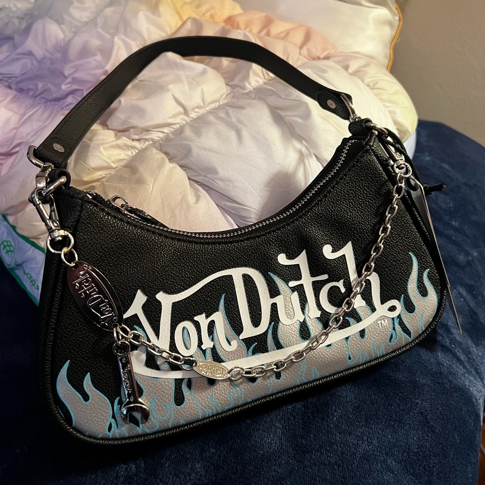 NWT Von Dutch Black and Blue flame print Shoulder Bag with silver Chain